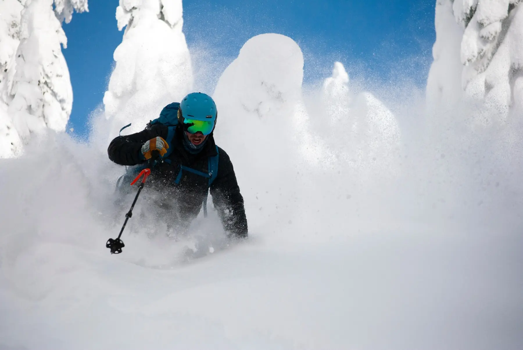 Skier moving through deep powder among snow-covered trees