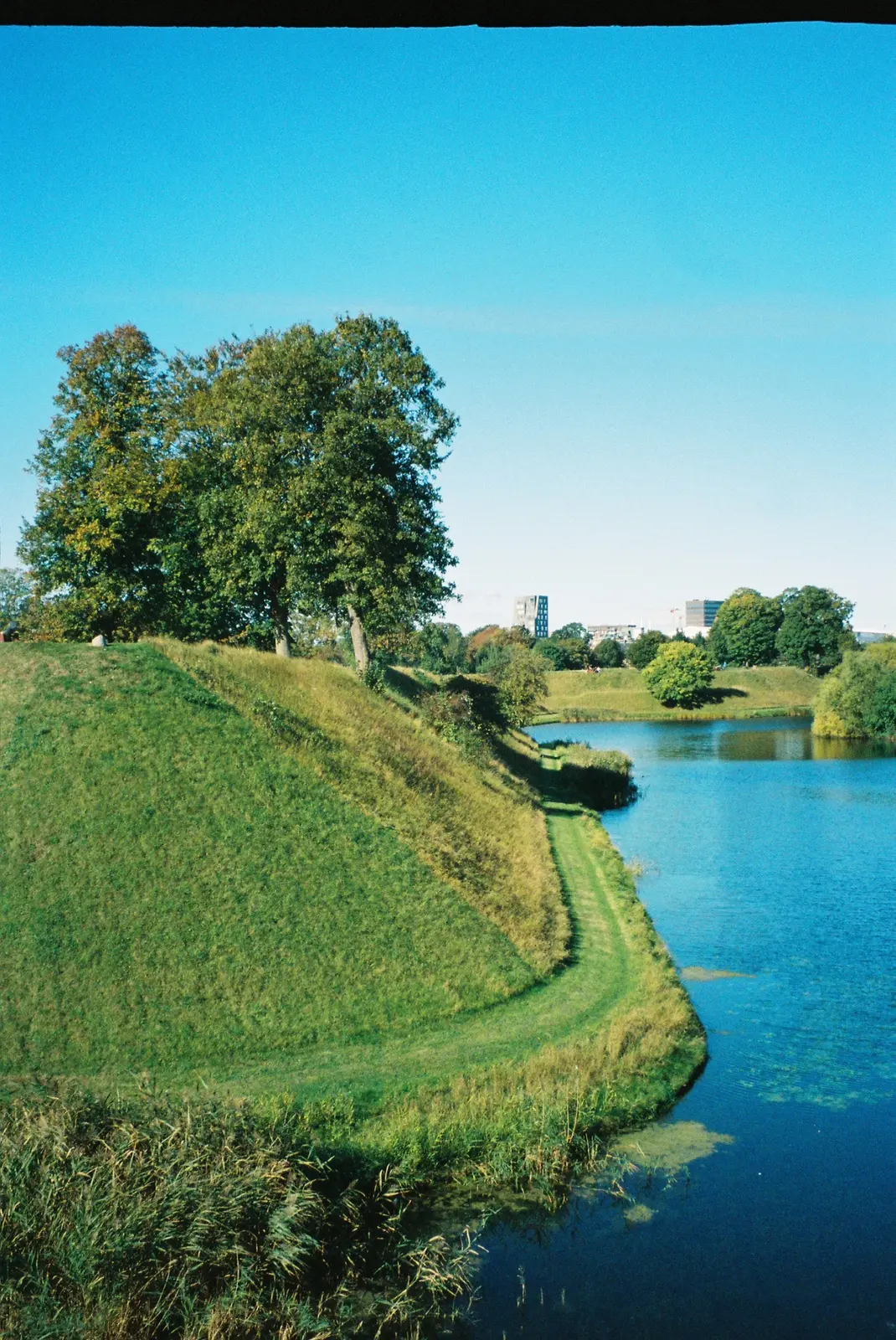 Geometric grassy embankments beside blue water